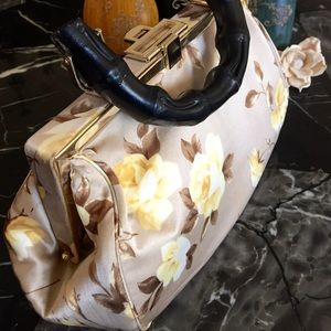 BR floral print bamboo handle satin satchel